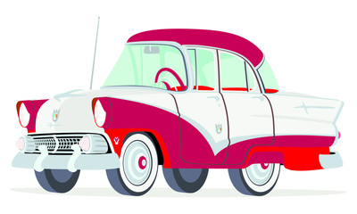 Caricatura Ford Fairline Town Sedan rojo y blanco vista frontal y lateral
