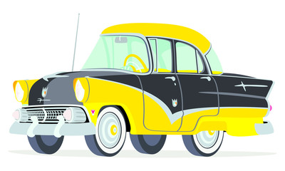 Caricatura Ford Fairline Town Sedan amarillo y negro vista frontal y lateral