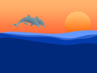 Fototapeta premium Summer landscape with a sunset with two jumping dolphins above the sea surface with waves with orange sun and orange sky