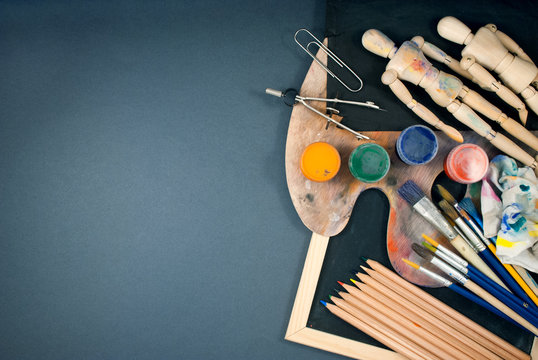 Art supplies. Painting and drawing materials, creative art tools