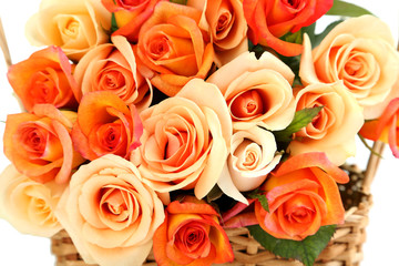 Bouquet of orange roses background, close up