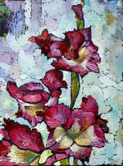 Oil painting still life with  purple  irises flowers On  Canvas with  texture in in the grayscale - 96918892