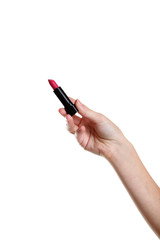 Female hand with lipstick for make-up isolated on white