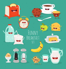 Funny breakfast set. Comic characters. Vector illustratins.