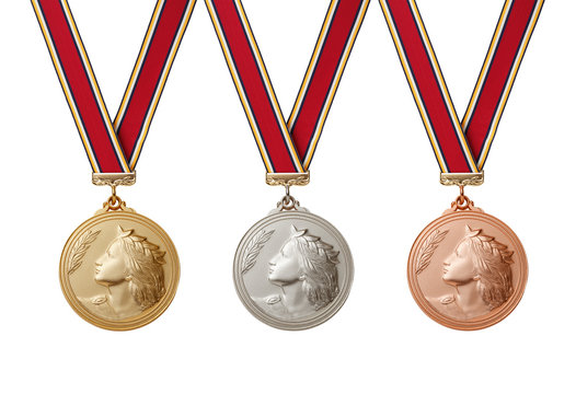 Set of gold, silver and bronze medals with ribbons isolated on white background.