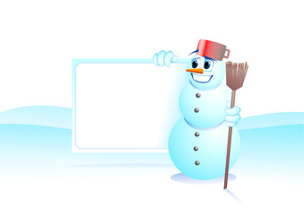 Snowman in winter landscape holding sign, smiling