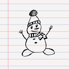 Snowman drawn with crayons on white paper