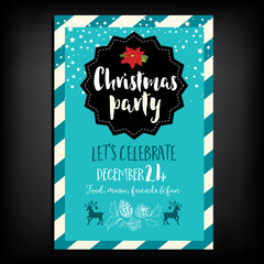 Vector christmas party invitation with toys. Holiday background and design banner. Vector template with hand-drawn xmas graphic.