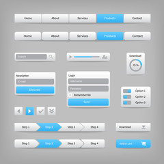 Web site elements with blue buttons navigation on gray. 