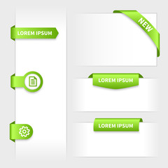 Collection of glossy rounded green 3d stickers on edge.