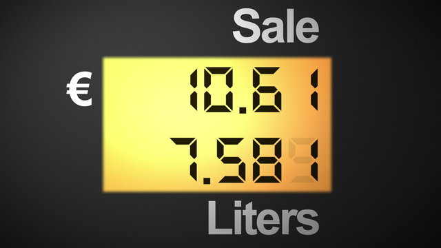 Rising euros and liters on a fuel station pump, right angle, 4K