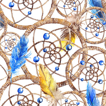 Watercolor ethnic tribal hand made yellow blue feather dream catcher seamless pattern texture background