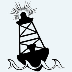 Warning buoy off the coast. Isolated on blue background. Vector silhouettes