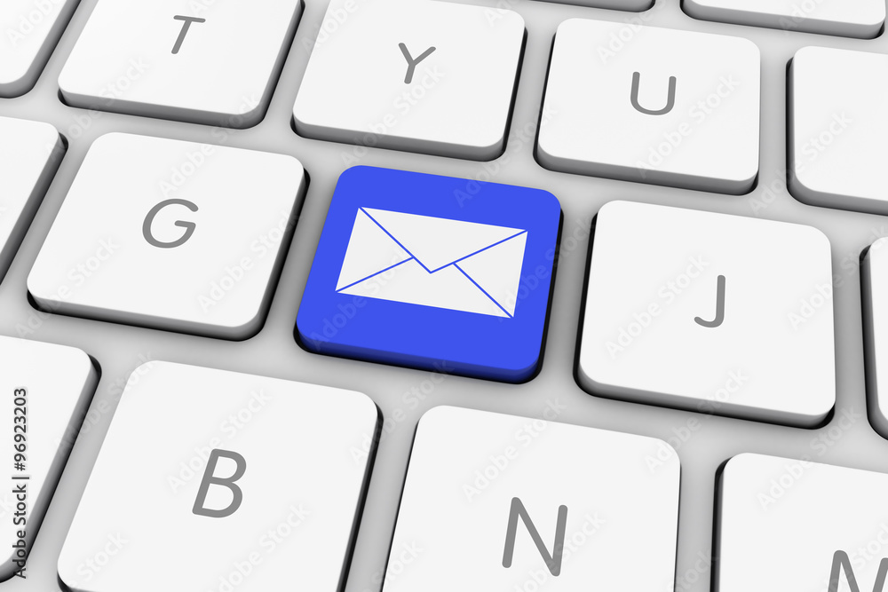 Poster blue mail icon envelope computer key on white keyboard