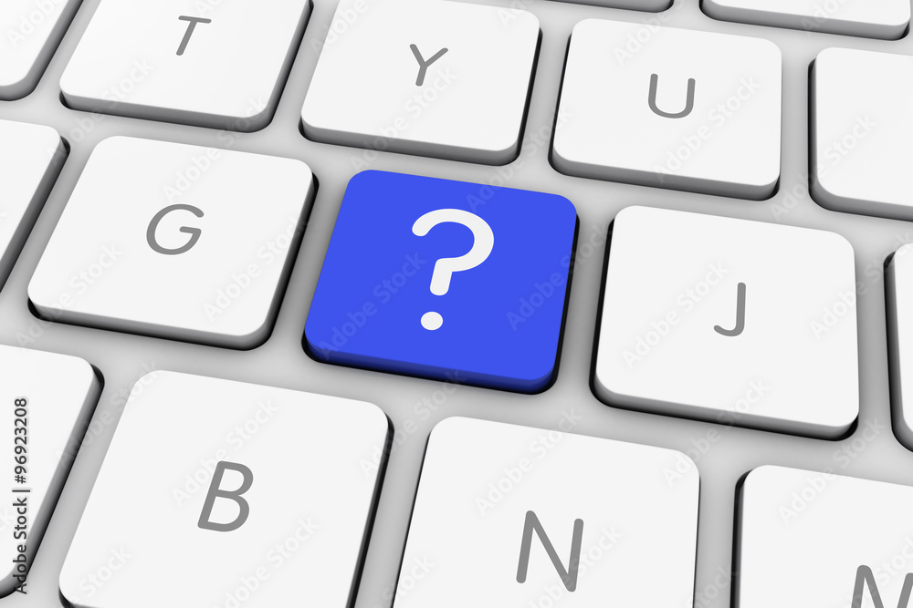 Poster blue question mark icon computer key on white keyboard