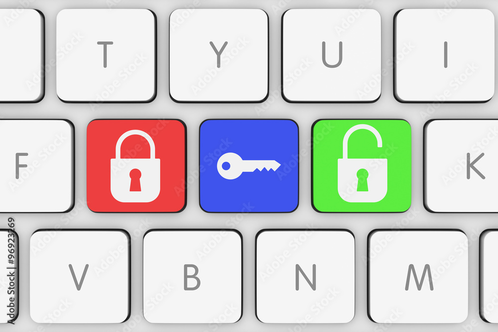 Poster lock and unlock icons on white computer keyboard