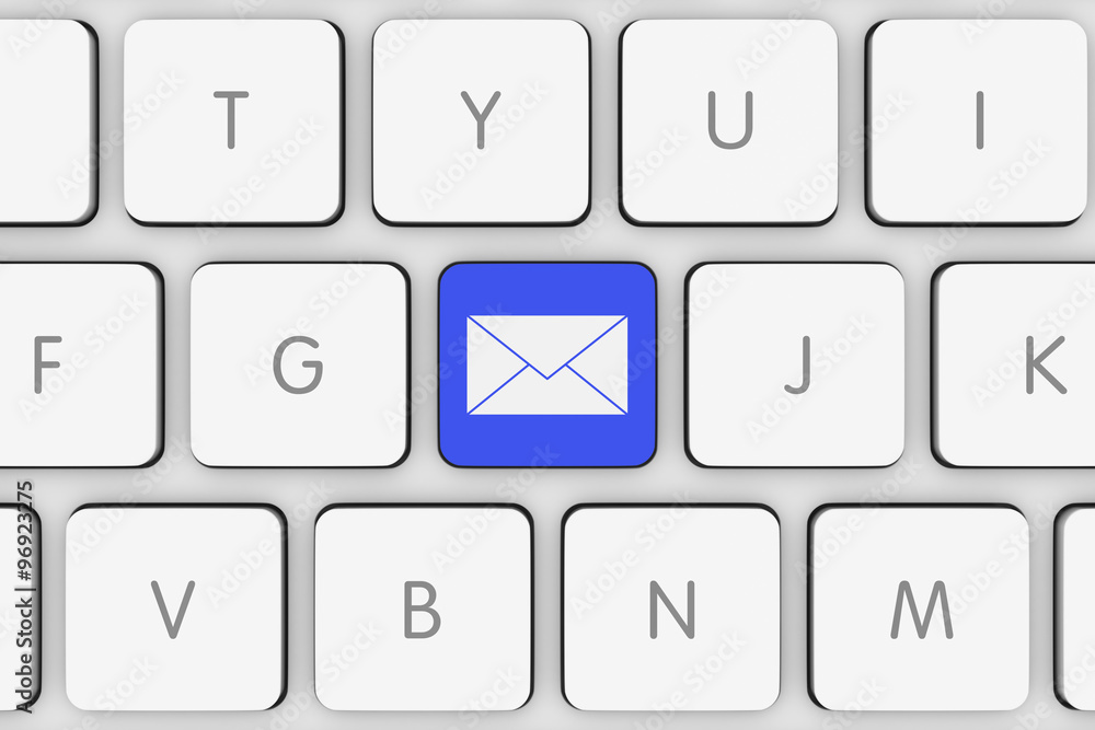 Poster blue mail icon button on white computer keyboard