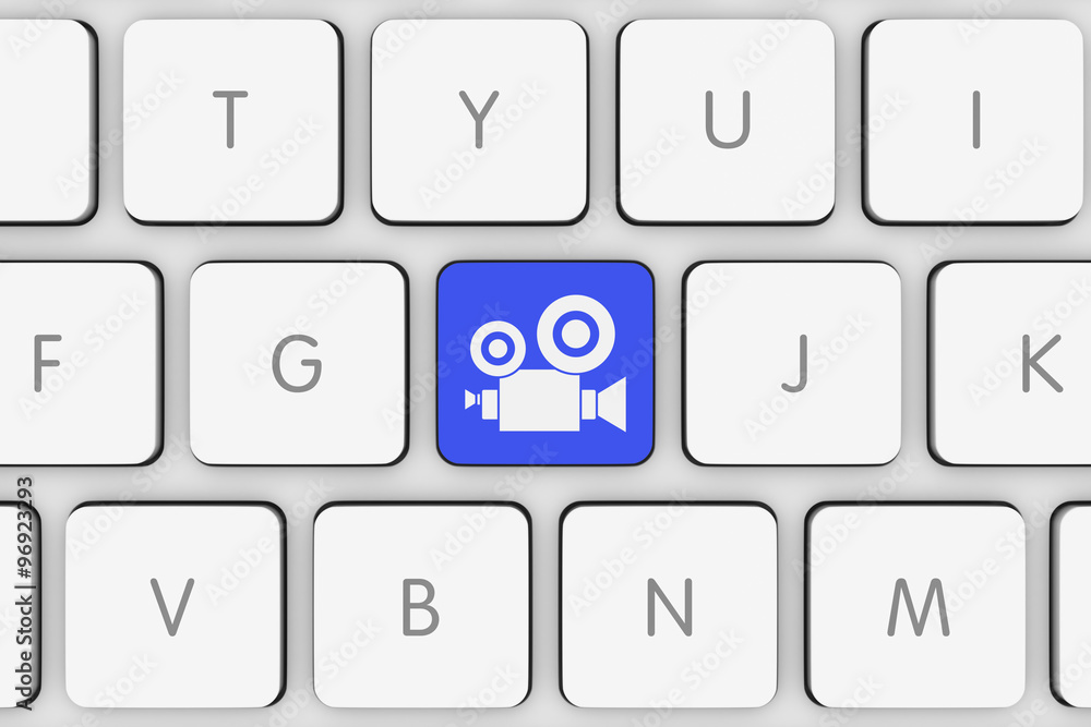 Poster blue video camera icon button on white computer keyboard
