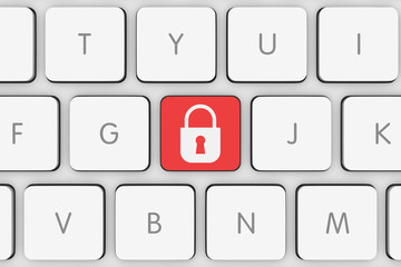 Red Padlock Icon Button on White Computer Keyboard