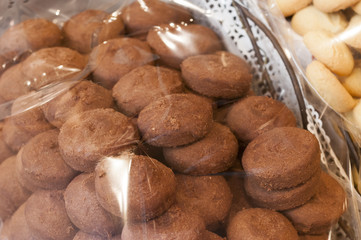 close-up of cookies with chocolate or almonds in a pastry