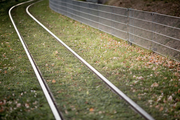 tram rails on grass