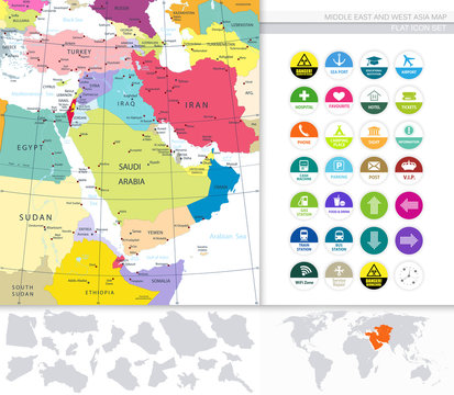 Middle East And West Asia Map And Flat Icons