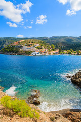 Fototapeta premium Beautiful bay in Assos fishing village on coast of Kefalonia island, Greece