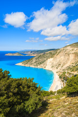 Fototapeta na wymiar Azure sea water of beautiful Myrtos bay and beach on Kefalonia island, Greece