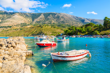 Fototapeta na wymiar Colorful Greek fishing boats in Zola port, Kefalonia island, Greece