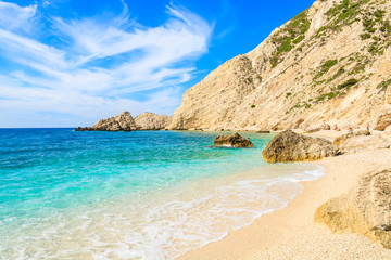 View of beautiful beach with rocky cliffs at Mediterranean Sea