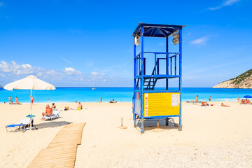 Fototapeta premium Lifeguard tower on beautiful Myrtos beach, Kefalonia island, Greece