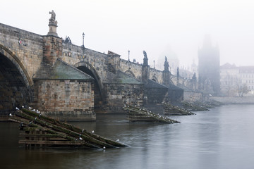 Fototapeta premium Czech Republic, Prague, Charles Bridge during typical fog autmn atmosphere