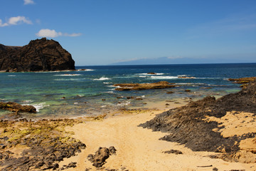 Island Porto Santo. View on the island Madeira after Atlantic Ocean.
