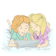 Two ladies happy with tablet