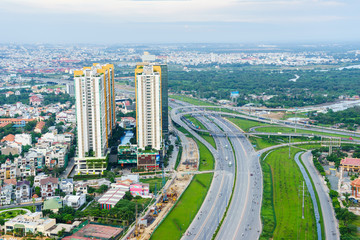 Panoramic view of National Route 1A in Ho Chi Minh city (or Saigon) in sunset, Vietnam