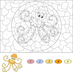Color by number educational game for kids. Funny cartoon octopus
