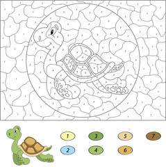 Color by number educational game for kids. Funny cartoon turtle.