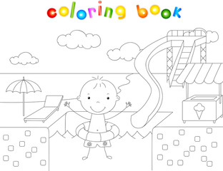 Boy with a rubber ring in the water park swimming pool. Coloring