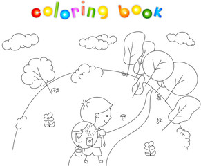 A boy with a backpack camping in the wood. Wildlife, trees, shru