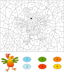 Color by number educational game for kids. Funny cartoon parrot.