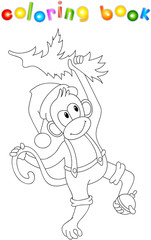 Monkey decorates a Christmas tree with a ball. Coloring book for