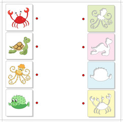 Turtle, crab, octopus and pufferfish. Educational game for kids