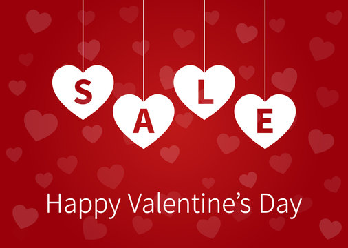 Happy Valentine's Day sale display poster / postcard with hanging hearts vector 
