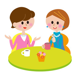 若い女性　会話　カフェ