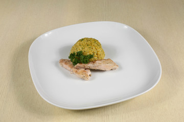 fried chicken with rice in sauce