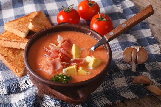 Salmorejo cream soup with ham and eggs in a bowl. horizontal