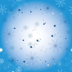 Seamless pattern of beautiful white snowflakes on a blue background.