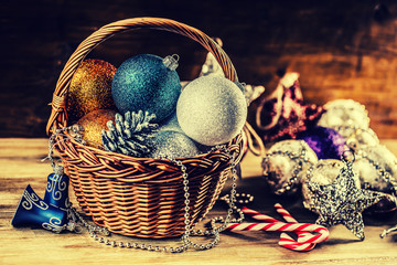 Christmas. Christmas decoration. Christmas balls, stars, jingle bells xmas ornaments. Decoration bauble seasonal winter holidays.