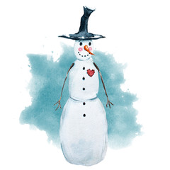 Watercolor raster hand drawn snowman