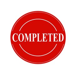 COMPLETED white stamp text on circle on red background